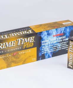 A Carton of Prime Time Plus Cigars Vanilla 10 Pack Next to a Closed Pack